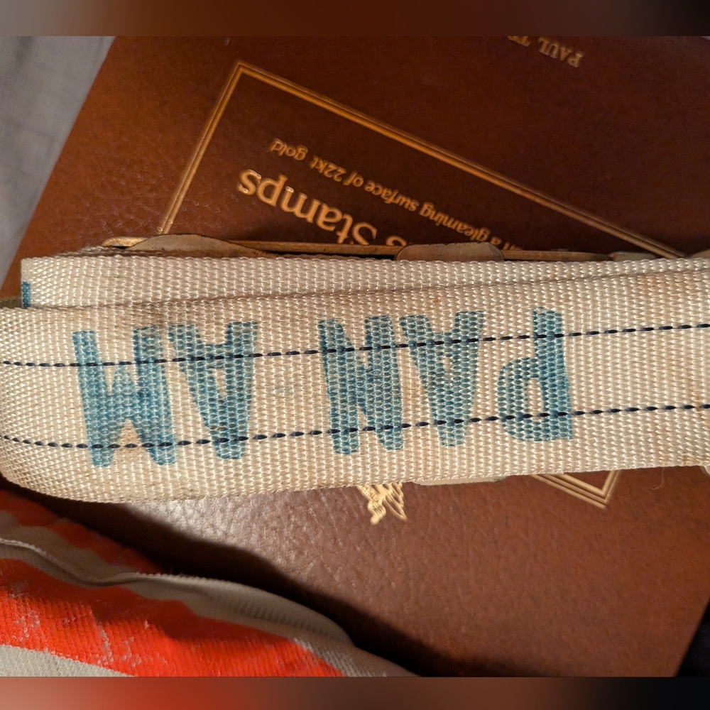 Pan Am Beige and Blue Luggage Strap Vintage